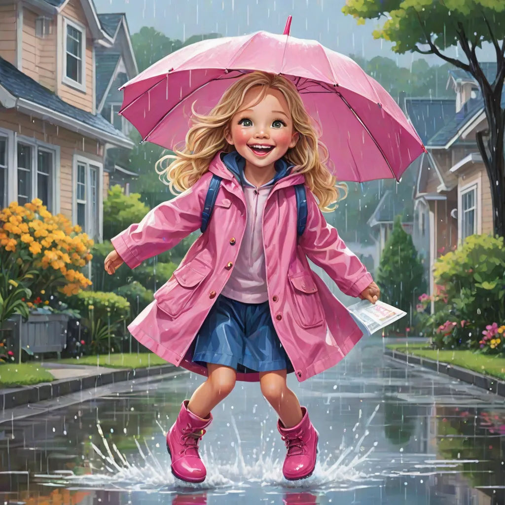 a painting of a girl in a raincoat jumping in the rain with an umbrella over her head and a pink raincoat on her head, Bob Byerley, american scene painting, a storybook illustration, promotional image