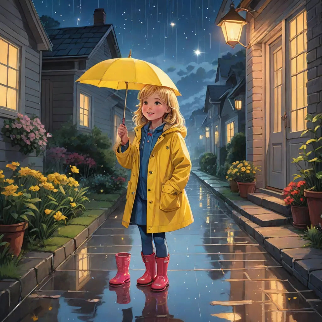 a little girl in a raincoat holding an umbrella in the rain at night with a house in the background, Evgeny Lushpin, naive art, a storybook illustration, highly detailed digital painting