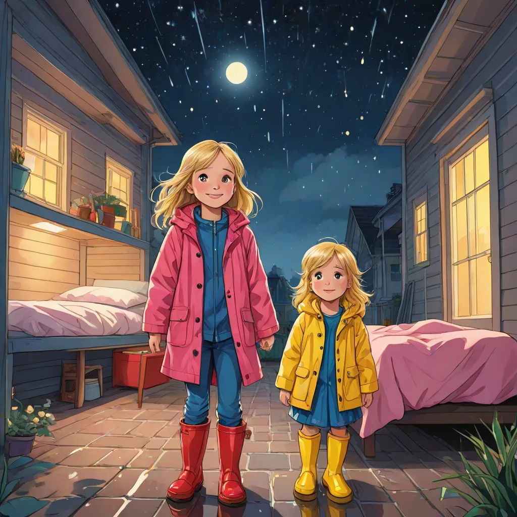 a painting of two children standing in a bedroom at night with a full moon in the sky above them, Caroline Lucy Scott, space art, a storybook illustration, storybook illustration