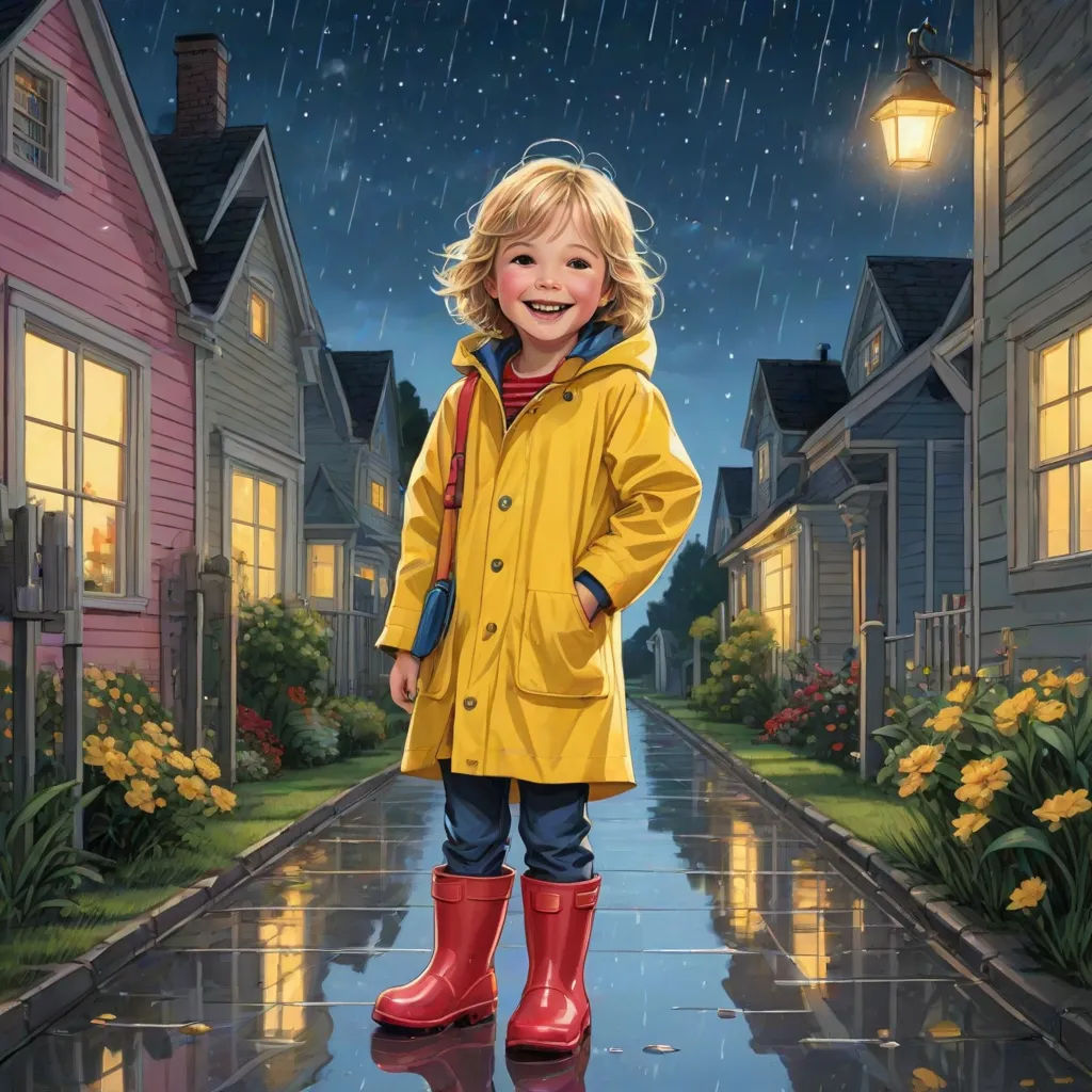 a painting of a little girl in a raincoat and boots standing in the rain on a rainy night, Bob Byerley, photorealism, a storybook illustration, highly detailed digital painting