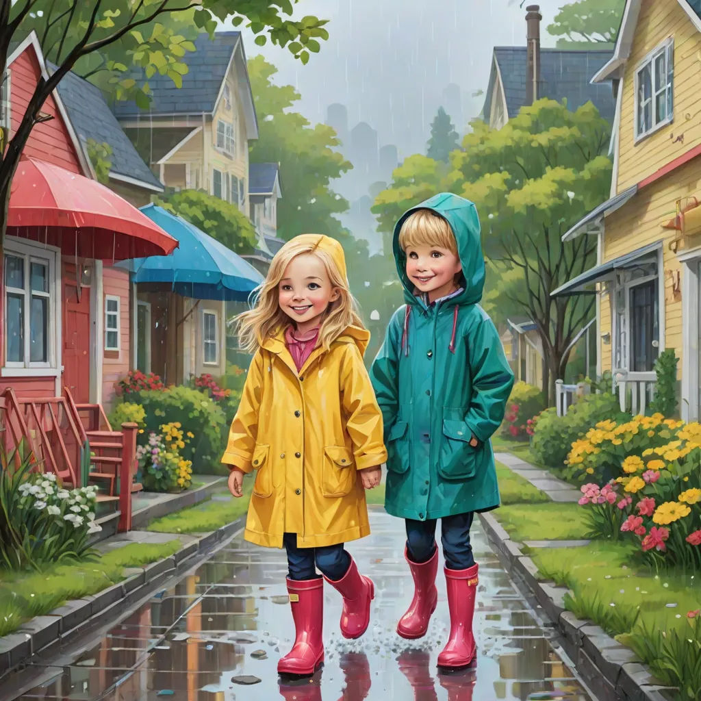 two children walking in the rain in a neighborhood with houses and trees in the background and a red umbrella, Bob Byerley, american scene painting, a detailed painting, highly detailed digital painting