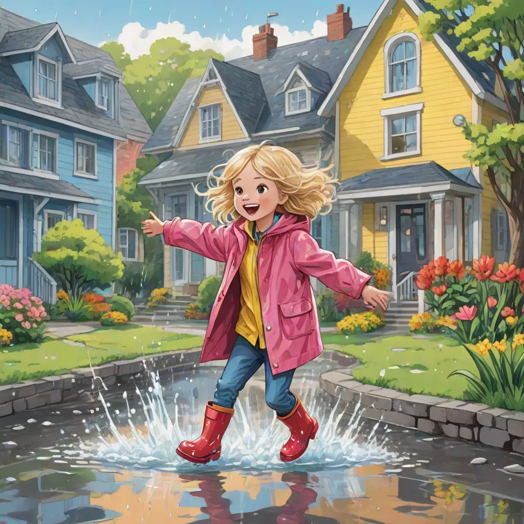 a girl in a pink coat is jumping into a puddle of water in front of a yellow house and a yellow house, Bob Byerley, american scene painting, a storybook illustration, storybook illustration