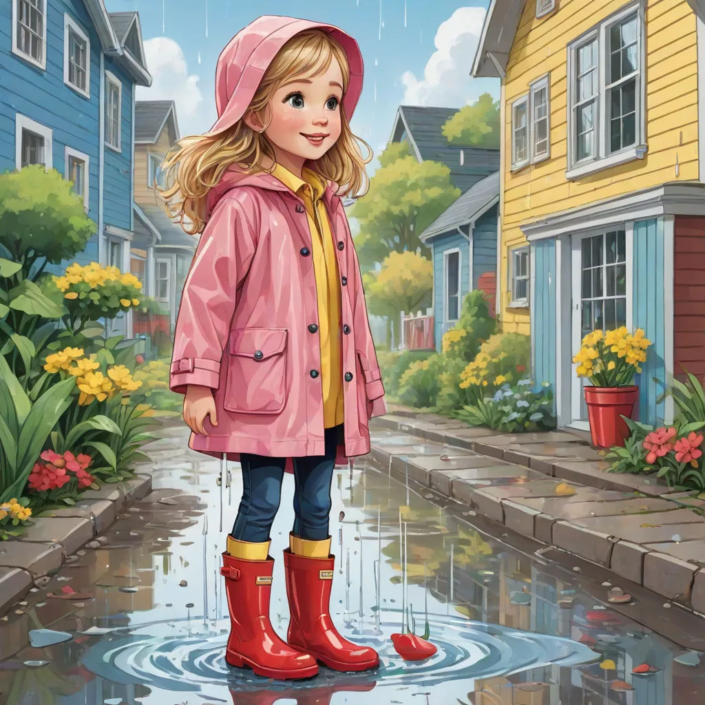 a little girl standing in a puddle in a raincoat and rubber boots in a neighborhood with houses and flowers, Bob Byerley, american scene painting, a storybook illustration, highly detailed digital painting