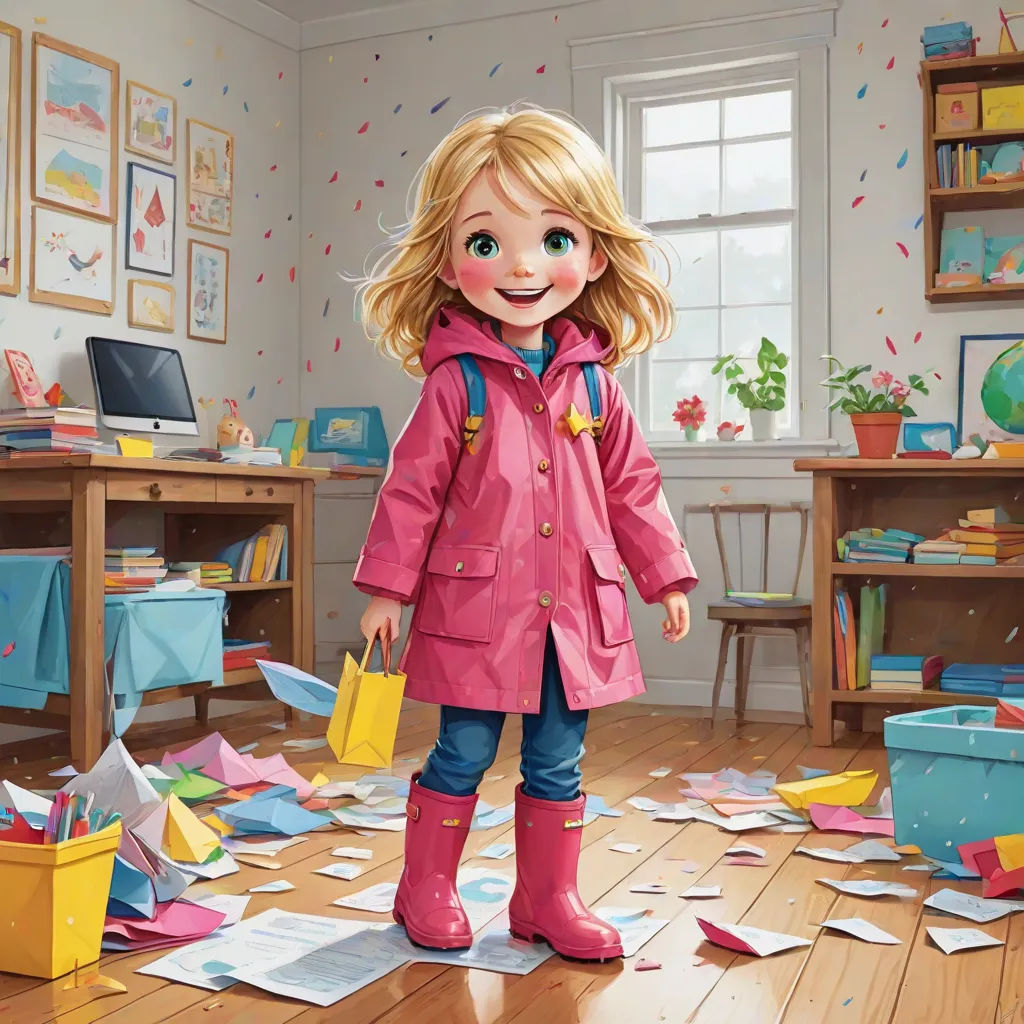a girl in a pink coat standing on a floor with papers all over her and a yellow bag in her hand, Chris LaBrooy, photorealism, a storybook illustration, promotional image