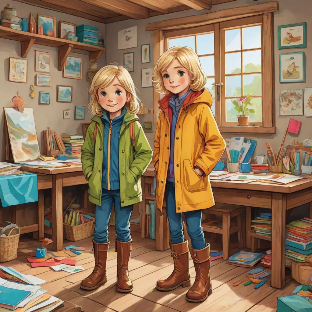 two children standing in a room with a lot of books on the floor and a painting on the wall, Cliff Childs, photorealism, a storybook illustration, official art