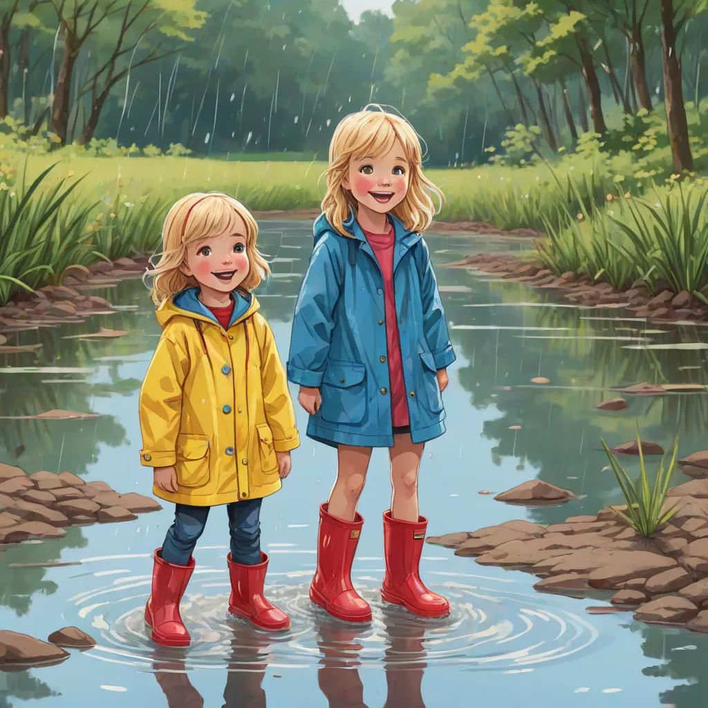 two children standing in a puddle in the rain wearing rain boots and rain coats and rain boots on their feet, Caroline Lucy Scott, american scene painting, a storybook illustration, storybook illustration