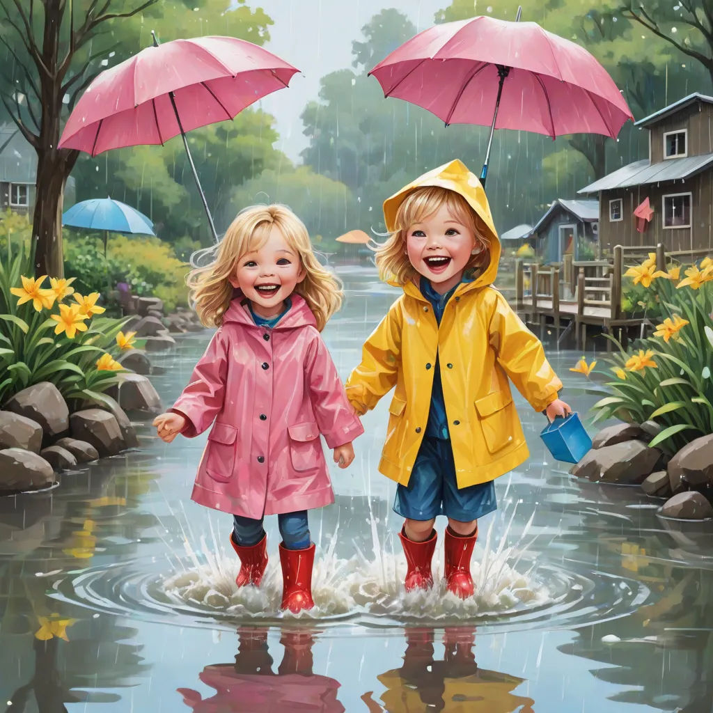 two children are playing in a puddle with umbrellas over their heads and holding hands and smiling at the camera, Bob Byerley, naive art, a detailed painting, detailed oil painting