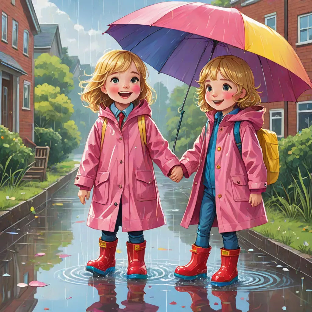 two little girls holding hands while standing in the rain with an umbrella over their heads and holding hands with each other, Brothers Hildebrandt, naive art, a detailed painting, highly detailed digital painting
