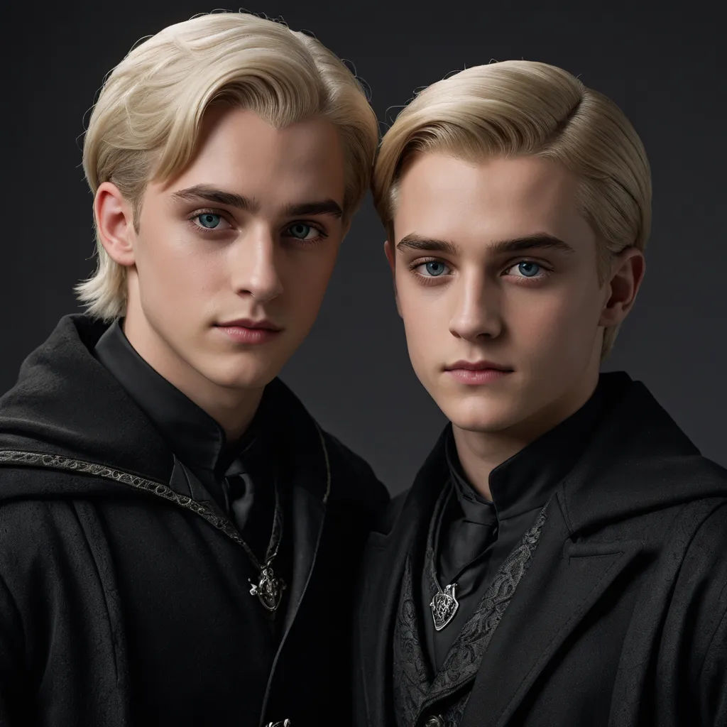 two young men with blonde hair and blue eyes are posing for a picture together in black clothing and black clothing, antipodeans, concept art, Andries Both, promotional image