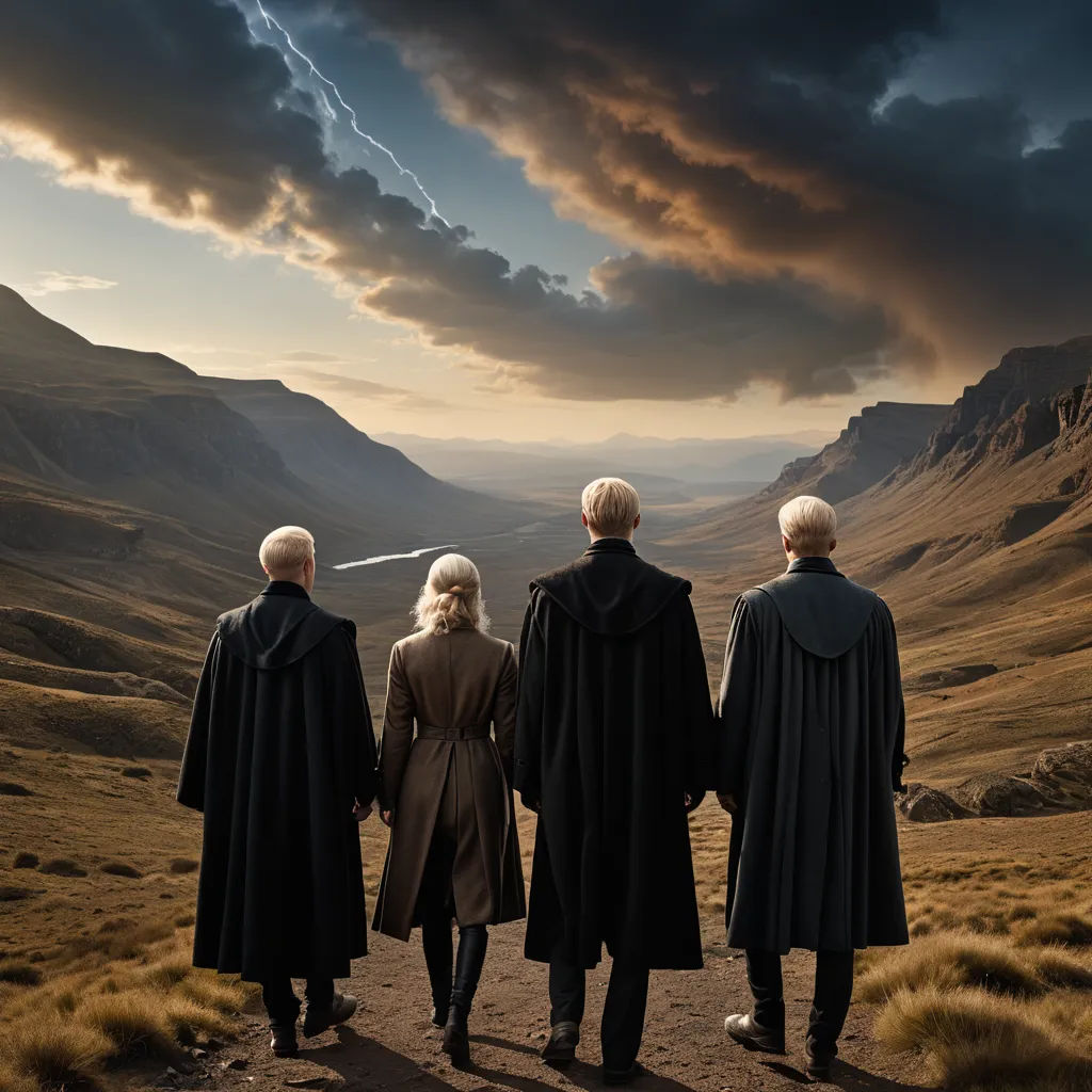 three people standing on a hill looking at a valley with mountains in the background and clouds in the sky, renaissance, a matte painting, Daryush Shokof, promotional image