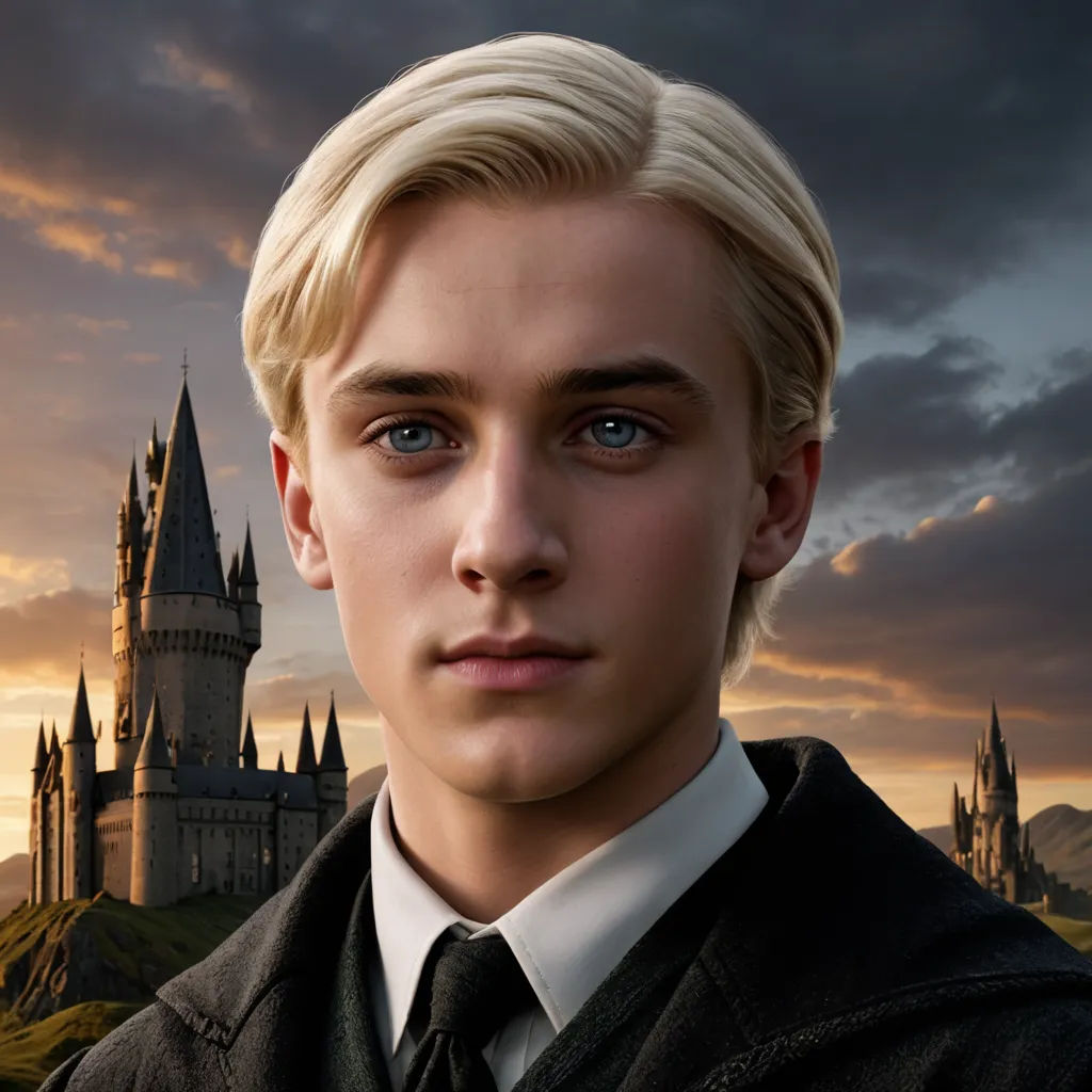 a young man with blonde hair and a tie in front of a castle with a sky background and clouds, sots art, a character portrait, Dean Roger, promotional image