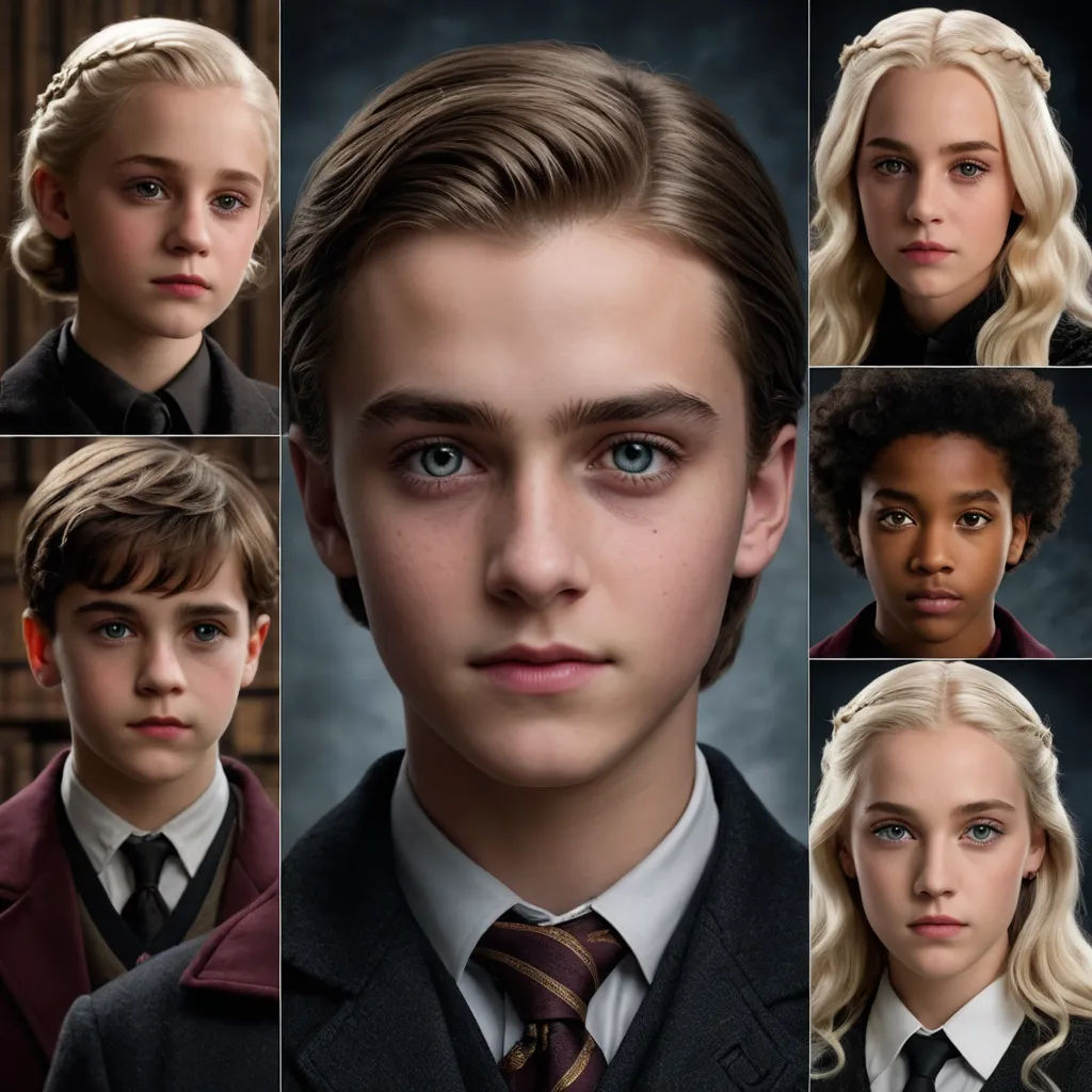 a series of photos of a young harry potter character with blonde hair and blue eyes and a blonde wig, antipodeans, a poster, Anne Said, vfx