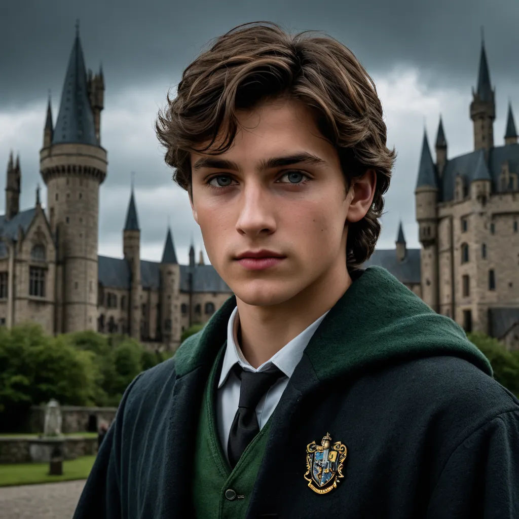 a young man in a green jacket and tie in front of a castle with a dark sky in the background, rayonism, a character portrait, Christopher Perkins, promotional image