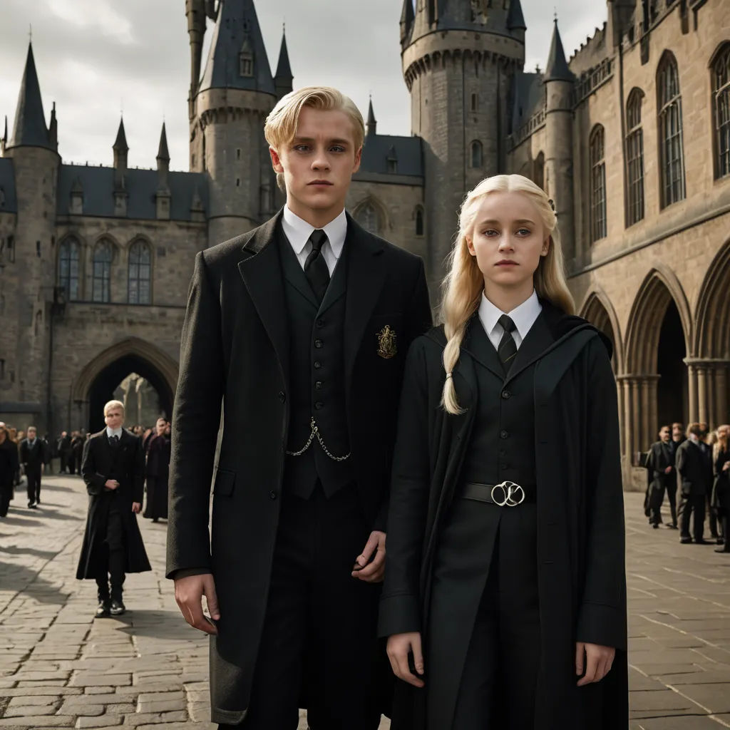 a man and a woman dressed in black standing in front of a castle with a crowd of people in the background, international gothic, a detailed matte painting, Felix-Kelly, vfx