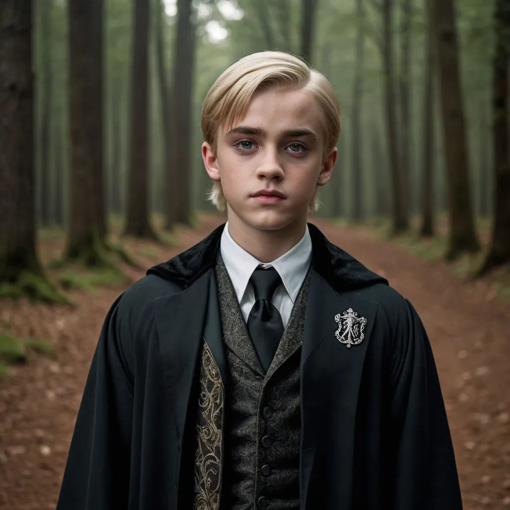 a young man dressed in a harry potter costume in a forest with trees and a path leading to the woods, aestheticism, a character portrait, Charles Roka, promotional image