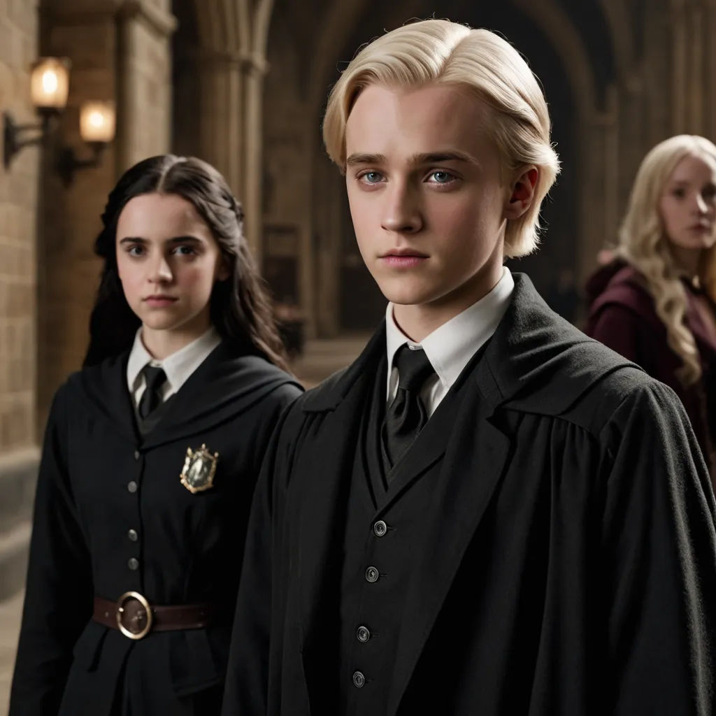 a group of people standing next to each other in a building with lights on them and a person wearing a harry potter costume, international gothic, a character portrait, David Dougal Williams, promotional image