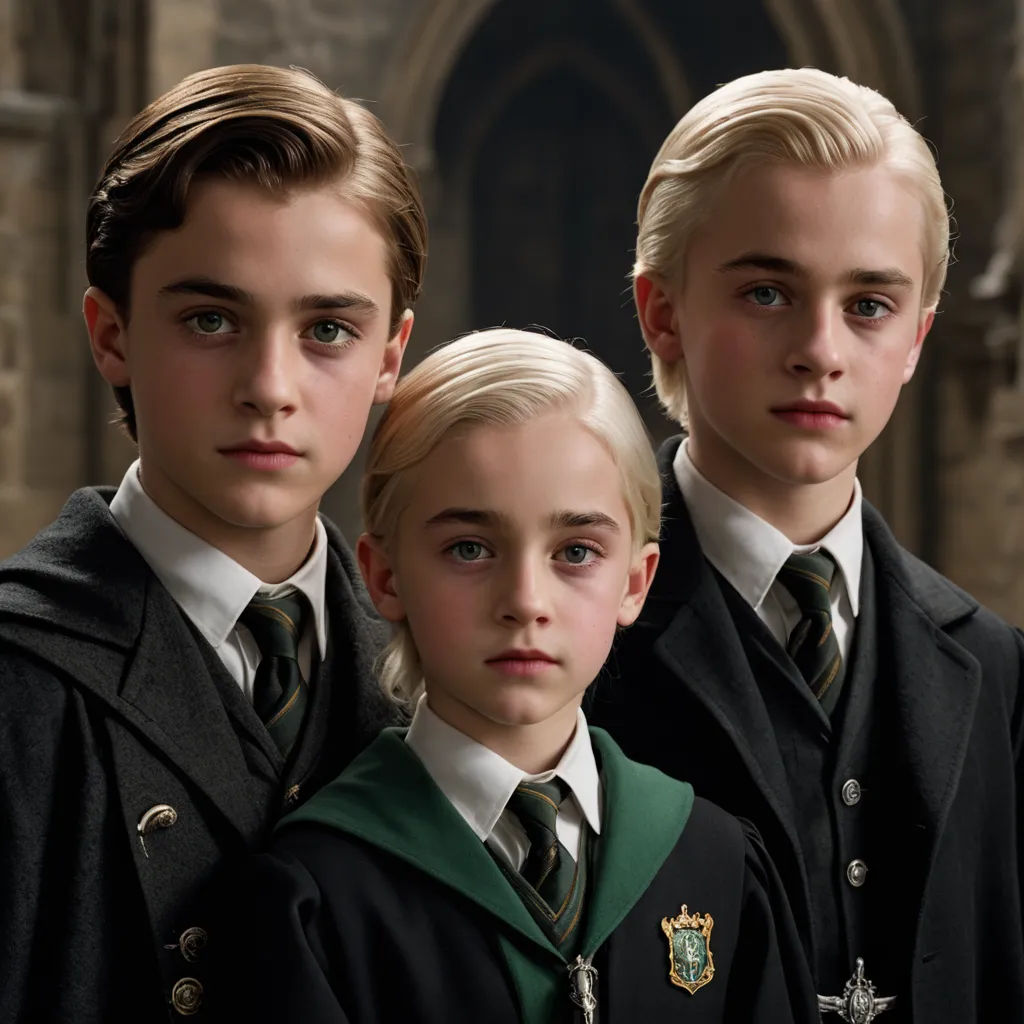 three young boys in harry potter outfits posing for a picture together in front of a castle door with a gothic - style archway, les nabis, concept art, Dom Qwek, neo-gothic
