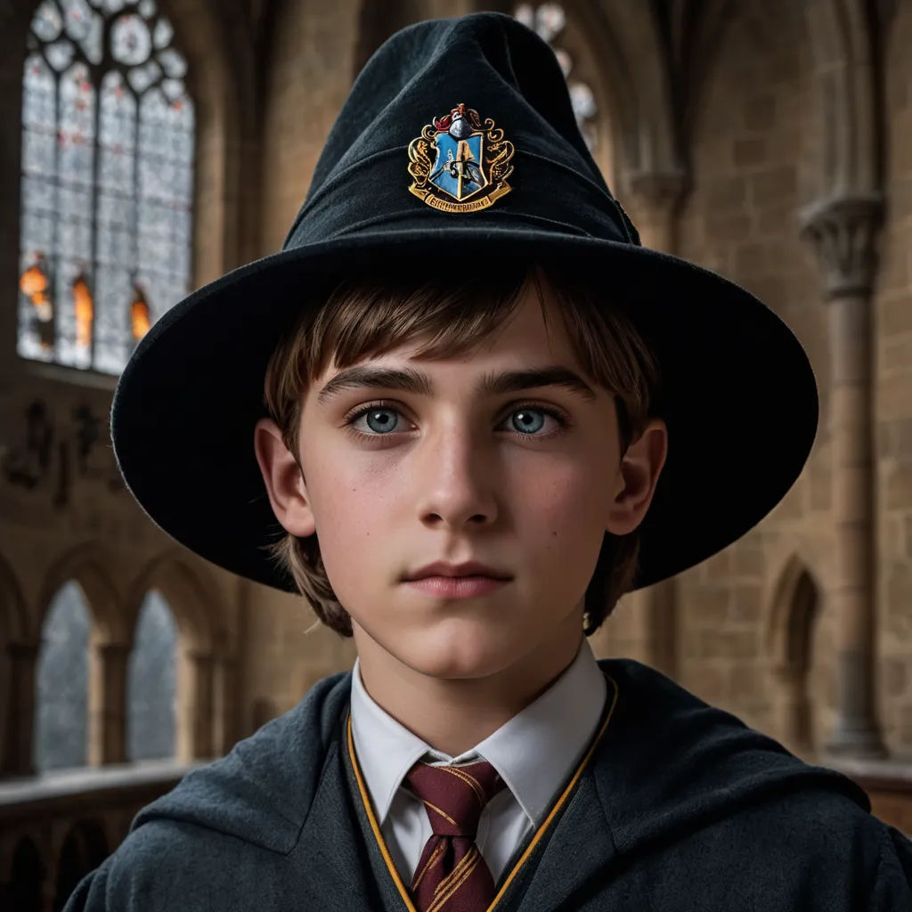 a young boy wearing a harry potter hat and a tie in a church setting with a stained glass window, dau-al-set, a character portrait, Christopher Perkins, promotional image