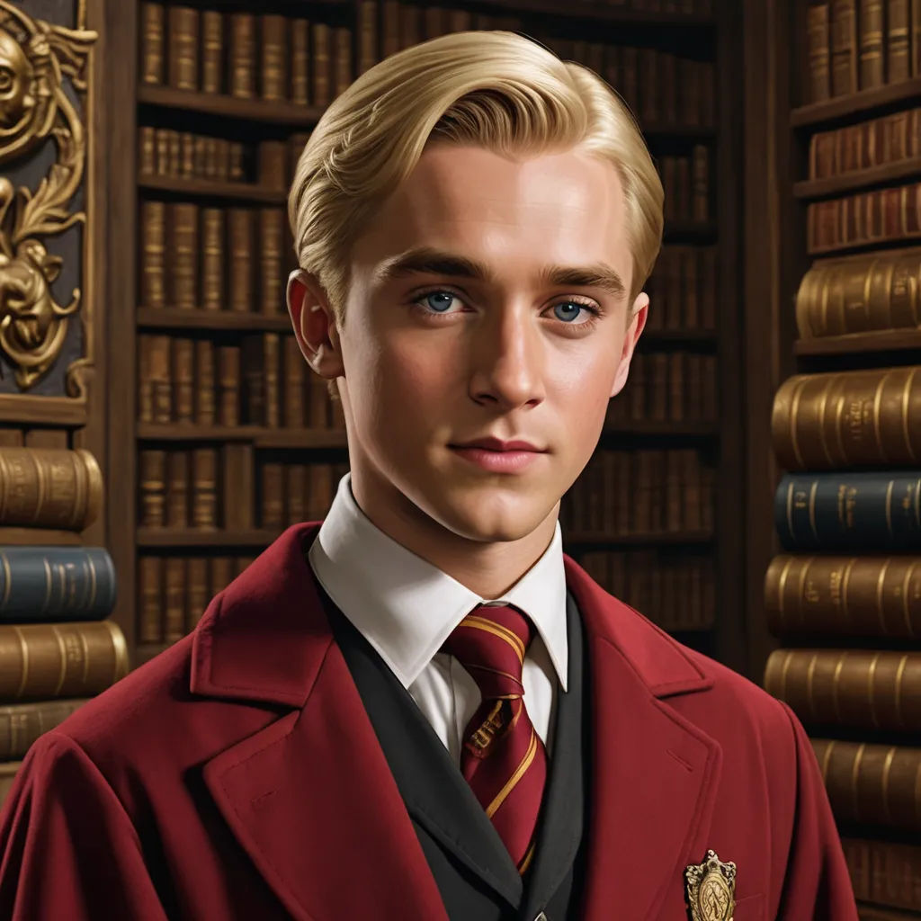 a man in a red coat and tie standing in front of a bookcase with books on it and a gold lion, remodernism, a character portrait, Dean Roger, promotional image