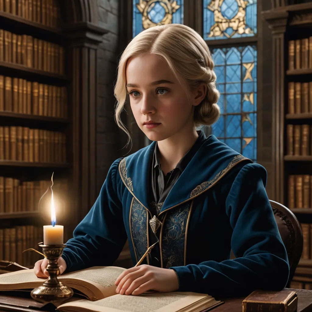 a woman in a blue dress sitting at a table with a book and a candle in front of her, fantasy art, a detailed matte painting, Constance Gordon-Cumming, promotional image