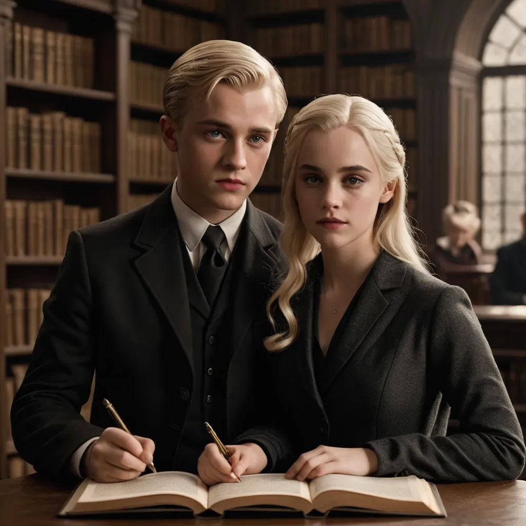 a man and a woman sitting at a table in a library with a book open and a pen in their hand, international gothic, a poster, Felix-Kelly, promotional image