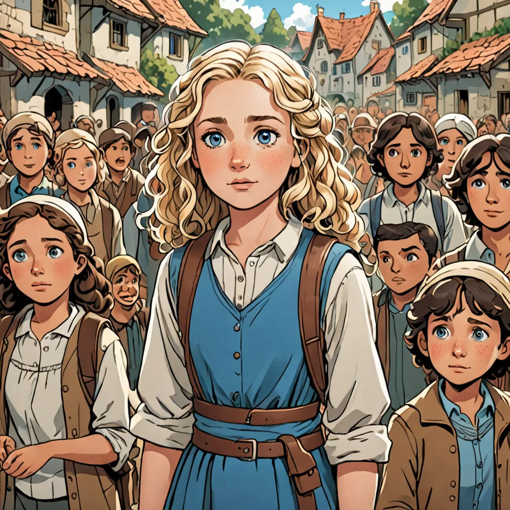 a cartoon of a woman standing in front of a crowd of people in a village with a red roof, a comic book panel, comic cover art, fantasy art, Anne Said