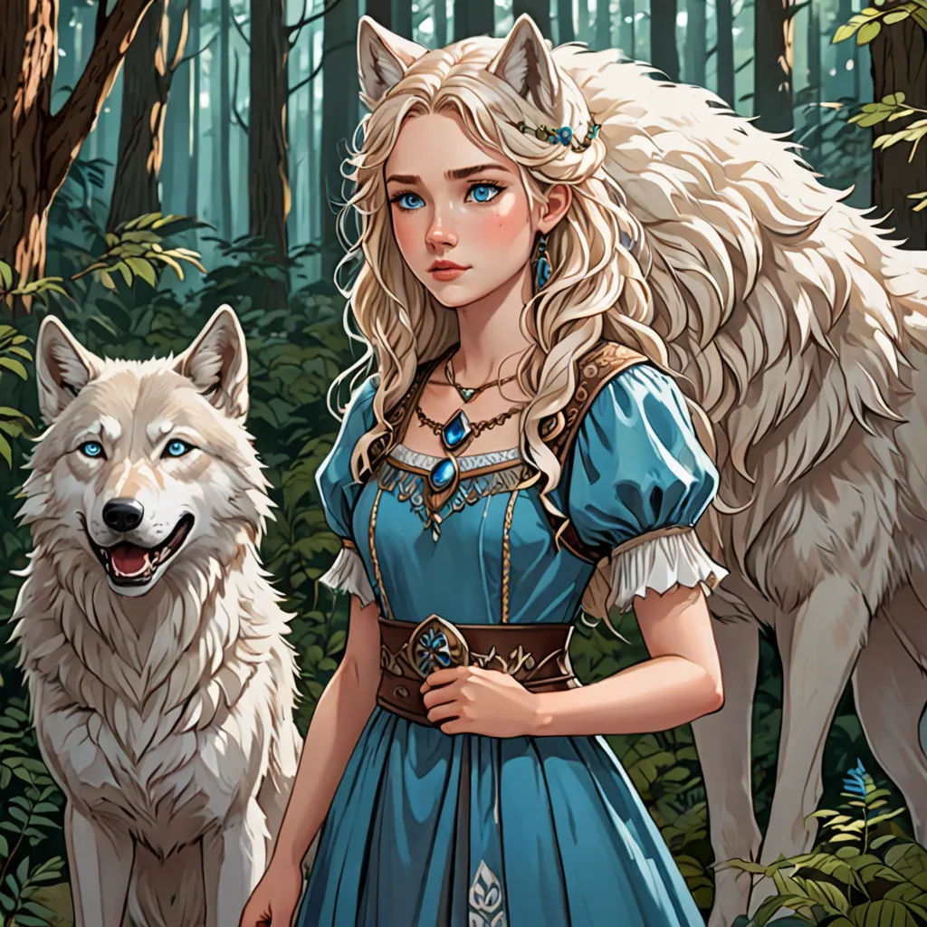 a woman in a blue dress standing next to a wolf in a forest with trees and bushes behind her, a storybook illustration, beautiful detailed, fantasy art, Anna Dittmann