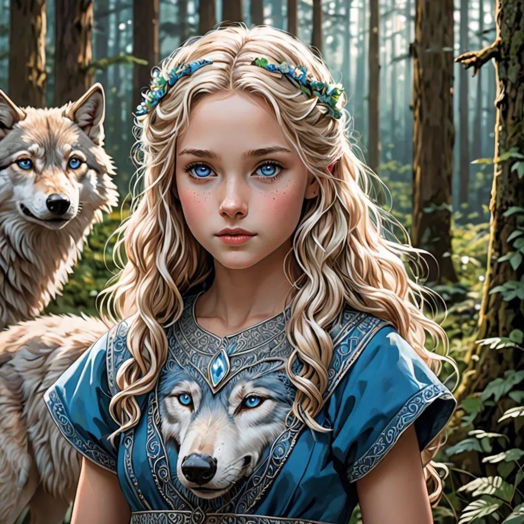 a painting of a girl and a wolf in the woods with blue eyes and blonde hair, with a forest background, a detailed painting, highly detailed digital painting, fantasy art, Artgerm