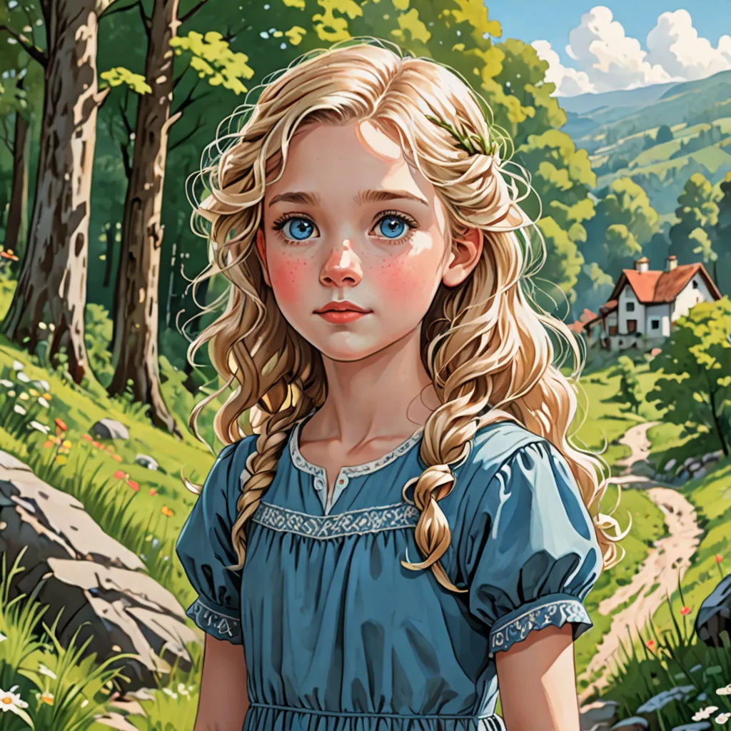 a painting of a little girl in a blue dress standing in a forest with a house in the background, a detailed painting, highly detailed digital painting, fantasy art, Aaron Jasinski