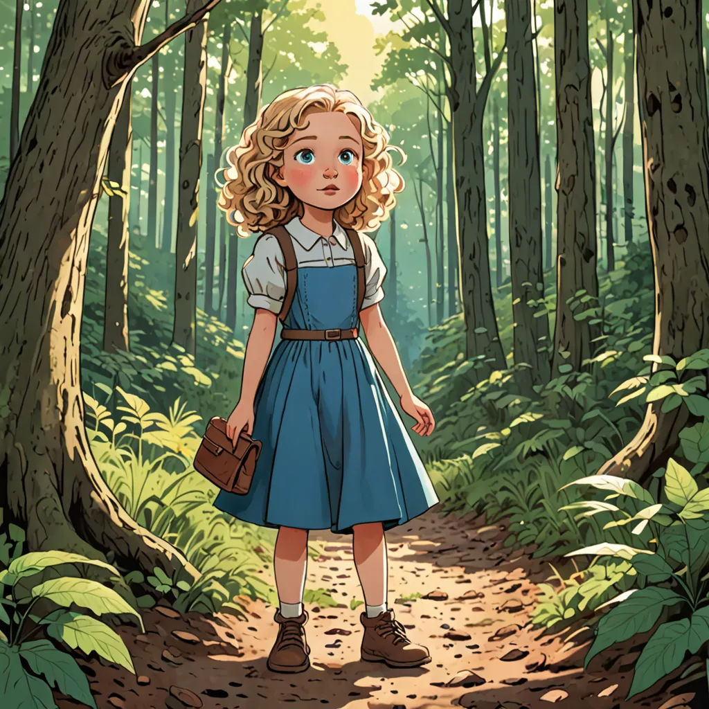 a little girl in a blue dress standing in the woods with a brown purse in her hand and a brown purse in her other hand, a storybook illustration, rossdraws global illumination, magical realism, Clarice Beckett