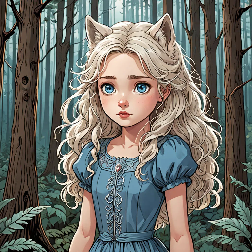 a girl in a blue dress standing in a forest with a cat's head on her shoulder and a forest background, a character portrait, fantasy character portrait, fantasy art, Charlie Bowater