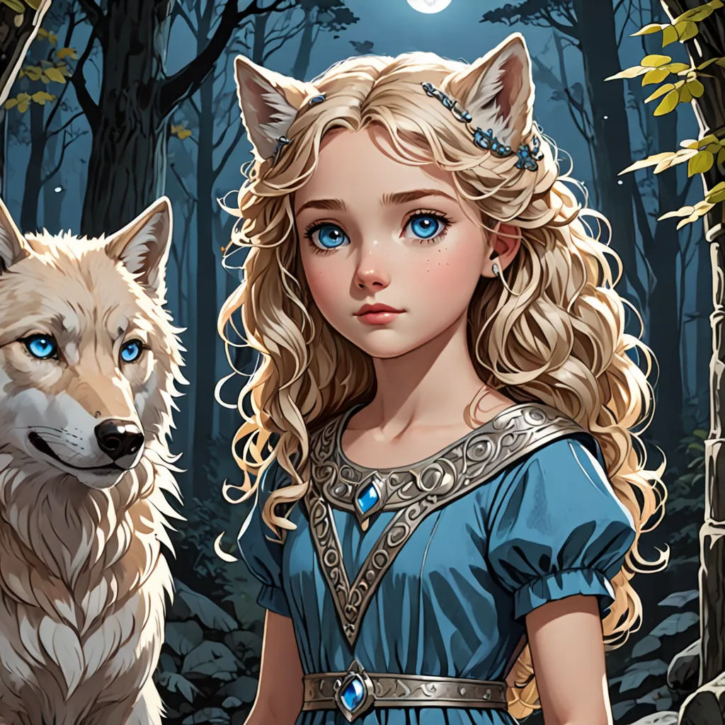 a girl and a wolf in a forest with a full moon in the background and a forest scene with trees and leaves, a storybook illustration, deviantart artstation, fantasy art, Charlie Bowater