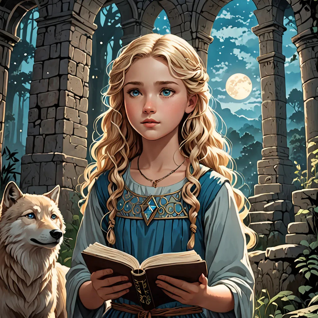 a girl is reading a book in a forest with a wolf nearby and a full moon in the sky, a storybook illustration, fantasy artwork, fantasy art, Art of Brom