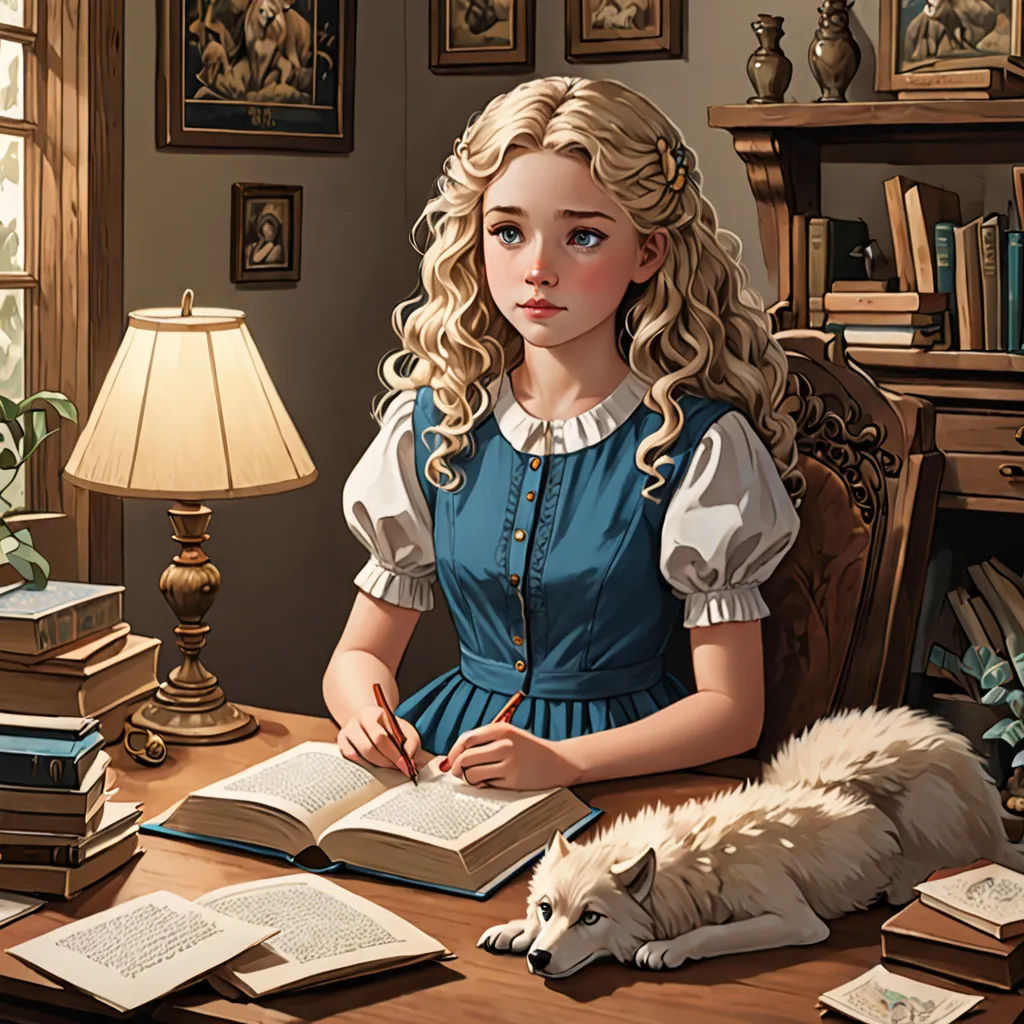 a painting of a girl sitting at a desk with a book and a dog on the table next to her, a storybook illustration, storybook illustration, fantasy art, Charlie Bowater