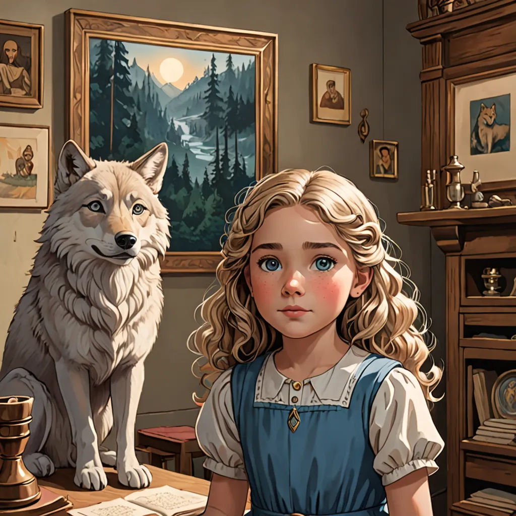 a little girl sitting at a desk with a wolf on the wall behind her and a book on the desk, a storybook illustration, trending on art station, fantasy art, Clarice Beckett