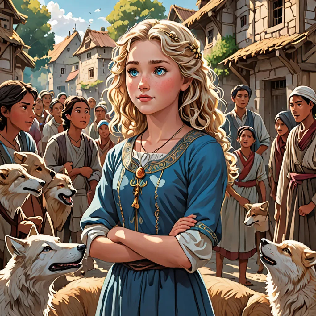 a painting of a woman standing in front of a group of people with dogs and sheeps in front of her, a storybook illustration, official art, fantasy art, Donato Giancola