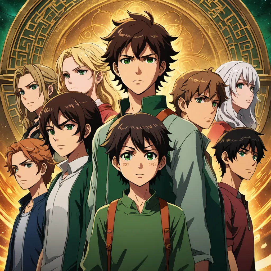 a group of young men standing next to each other in front of a golden circle with a clock on it, cloisonnism, a poster, Baiōken Eishun, official art