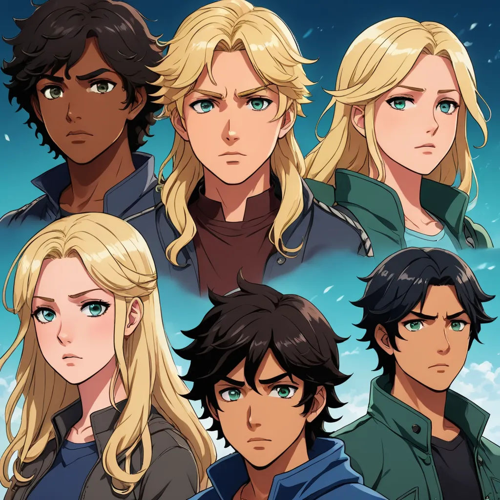 a group of people with blonde hair and blue eyes, all looking at the camera, with one person looking at the camera, sots art, poster art, Cedric Seaut (Keos Masons), key art