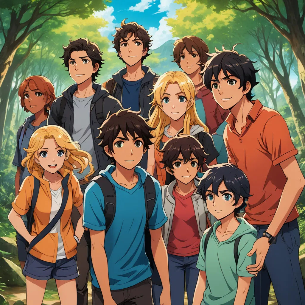 a group of people standing in front of a forest with trees and bushes in the background, with a blue sky in the background, rayonism, a poster, Eden Box, official art
