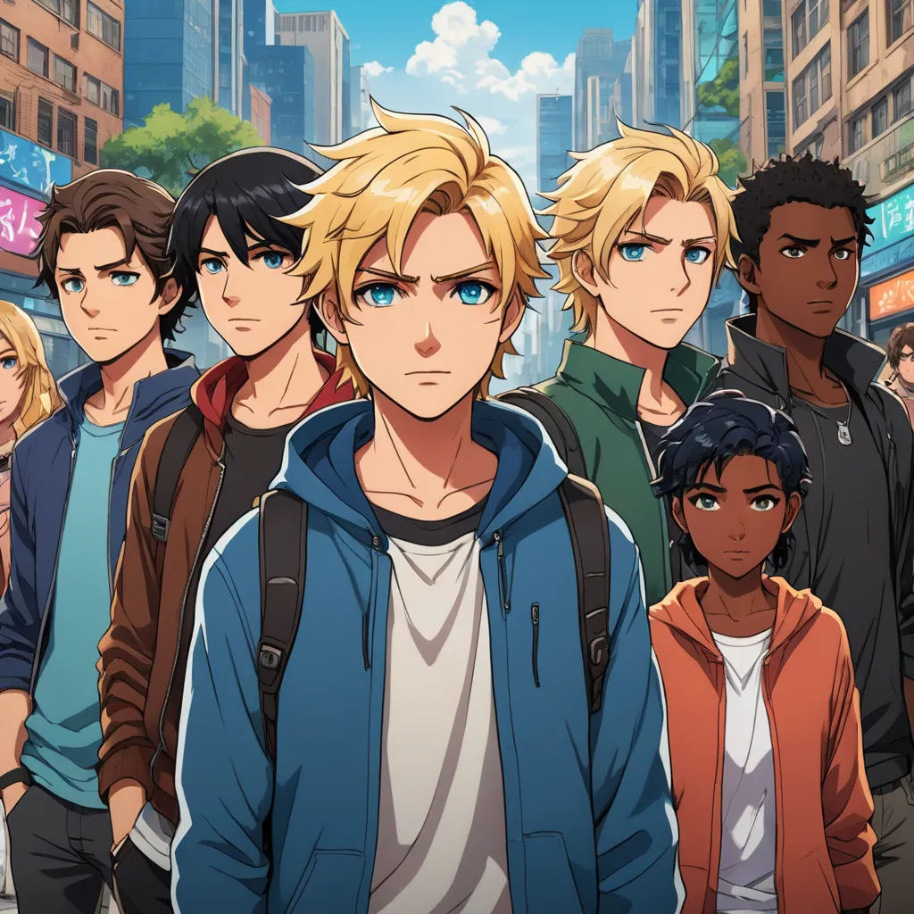 a group of young men standing in front of a cityscape with buildings in the background and a man in a blue hoodie, sots art, concept art, Cedric Seaut (Keos Masons), official art
