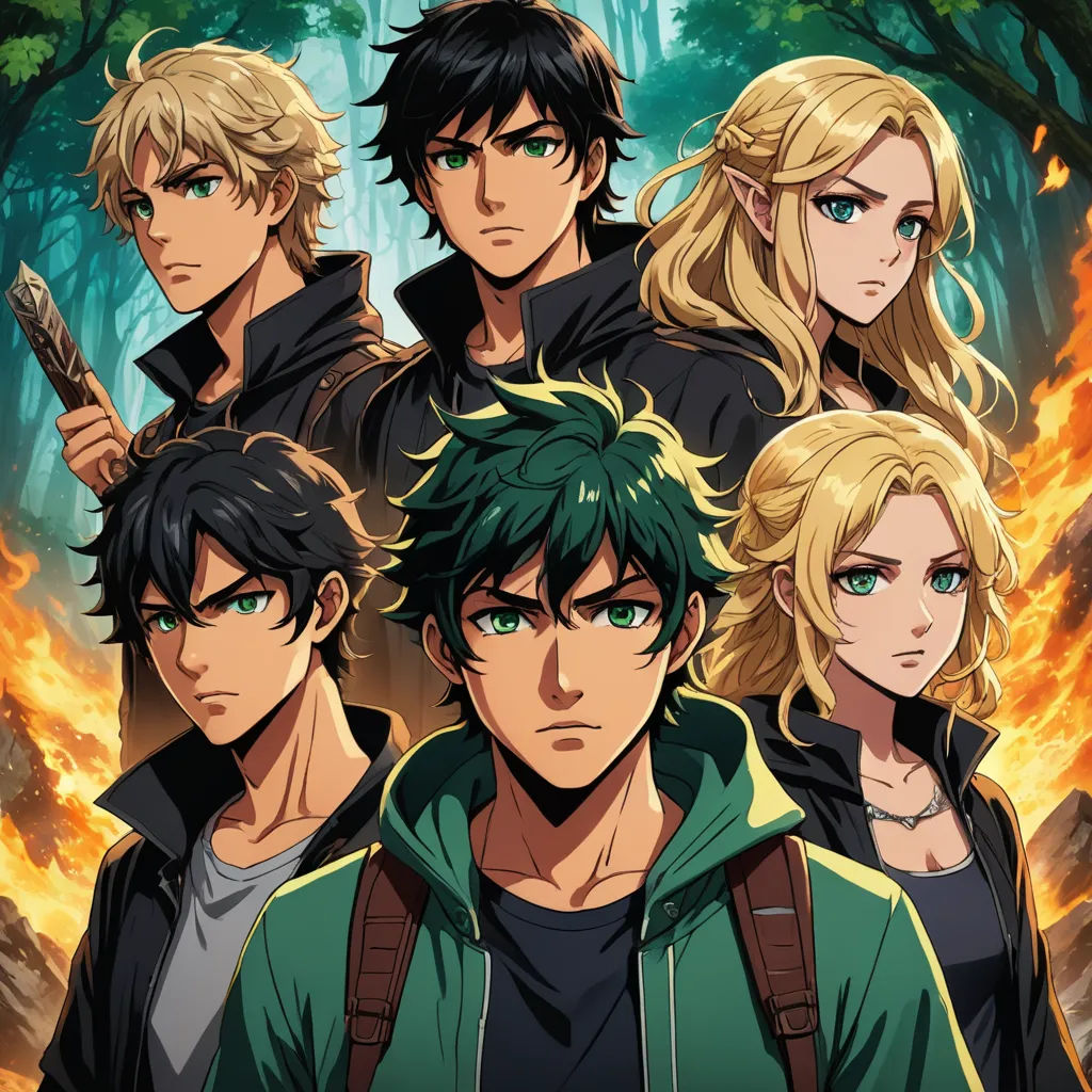 a group of young people standing in front of a fire in the woods with a forest background and a forest fire, sots art, a poster, Cedric Seaut (Keos Masons), official art