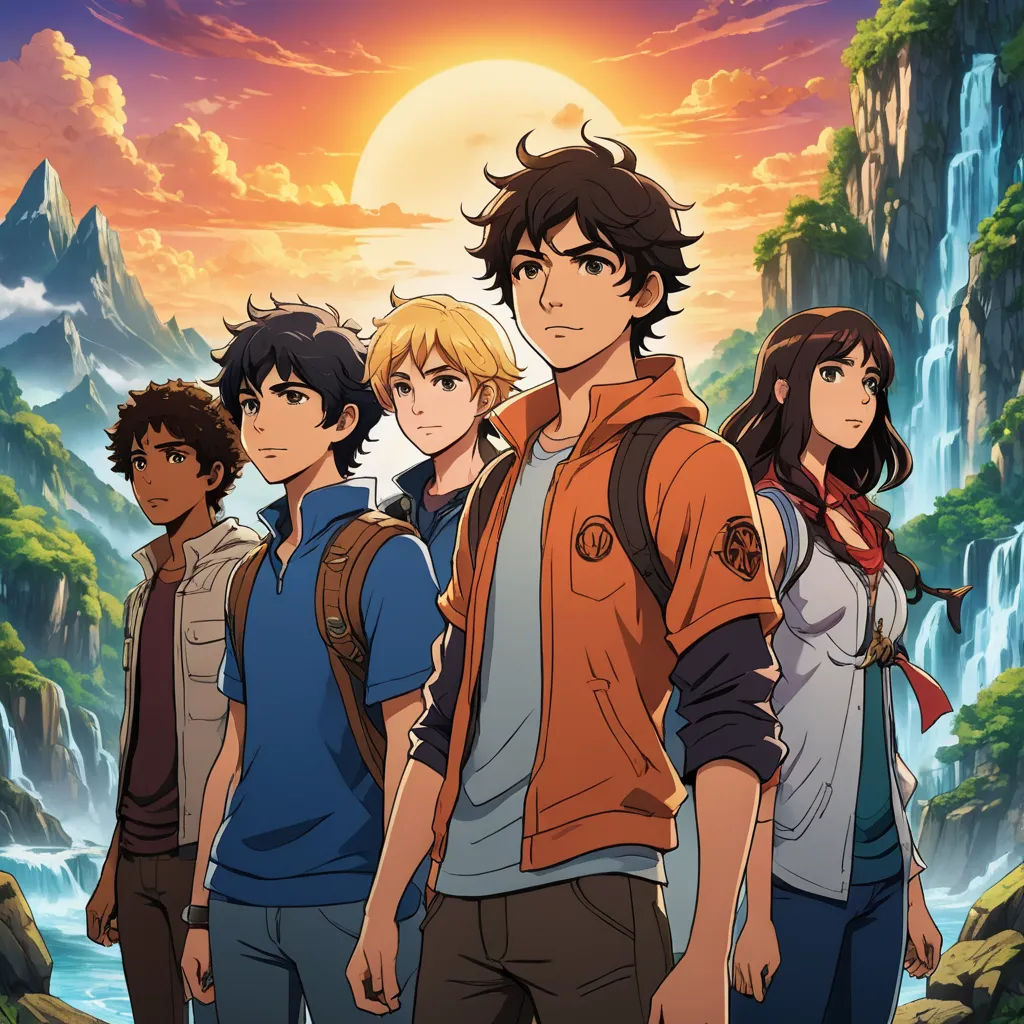 a group of young people standing in front of a waterfall with a sunset in the background and a mountain in the background, les nabis, a poster, Cedric Seaut (Keos Masons), anime key visual
