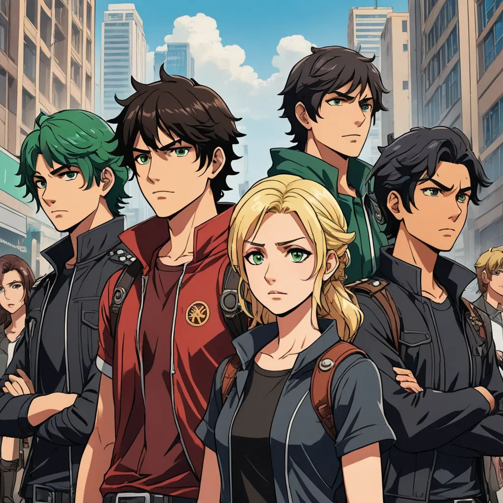 a group of young people standing in front of a cityscape with buildings in the background and a sky background, sots art, concept art, Cedric Seaut (Keos Masons), official art