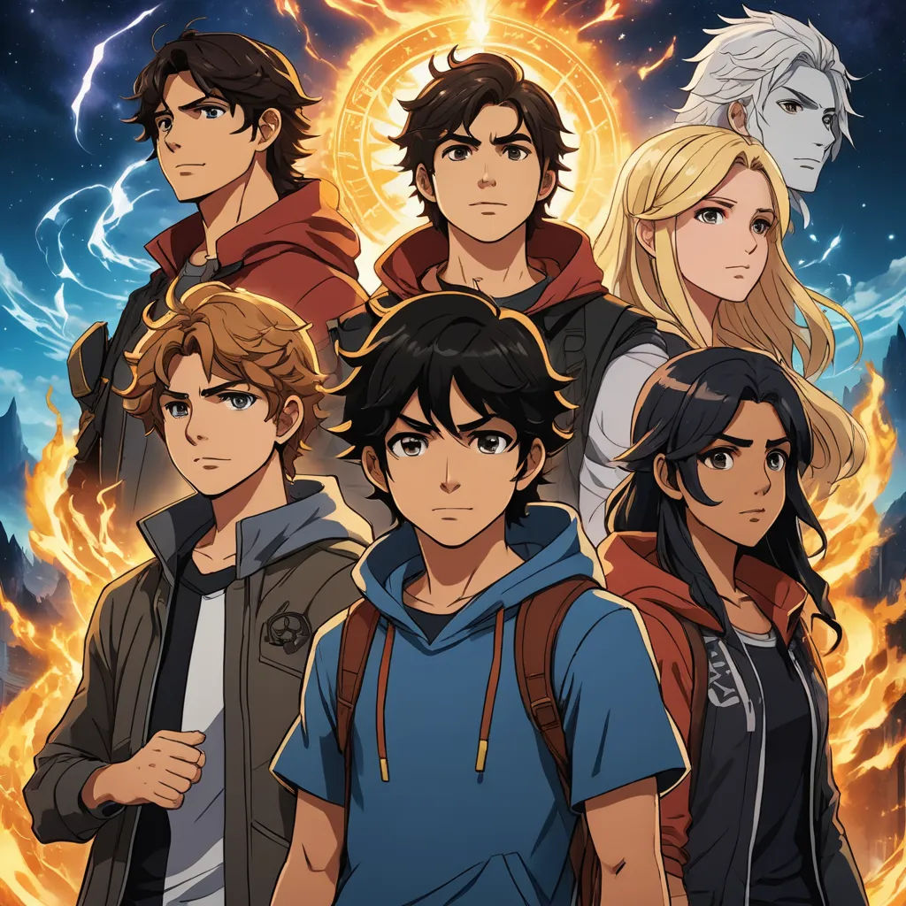 a group of young men standing next to each other in front of a fire ball with lightning behind them, rayonism, poster art, Cedric Seaut (Keos Masons), official art