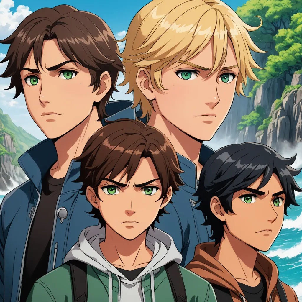 a group of young men standing next to each other in front of a mountain range with a body of water, sots art, concept art, Cedric Seaut (Keos Masons), key art