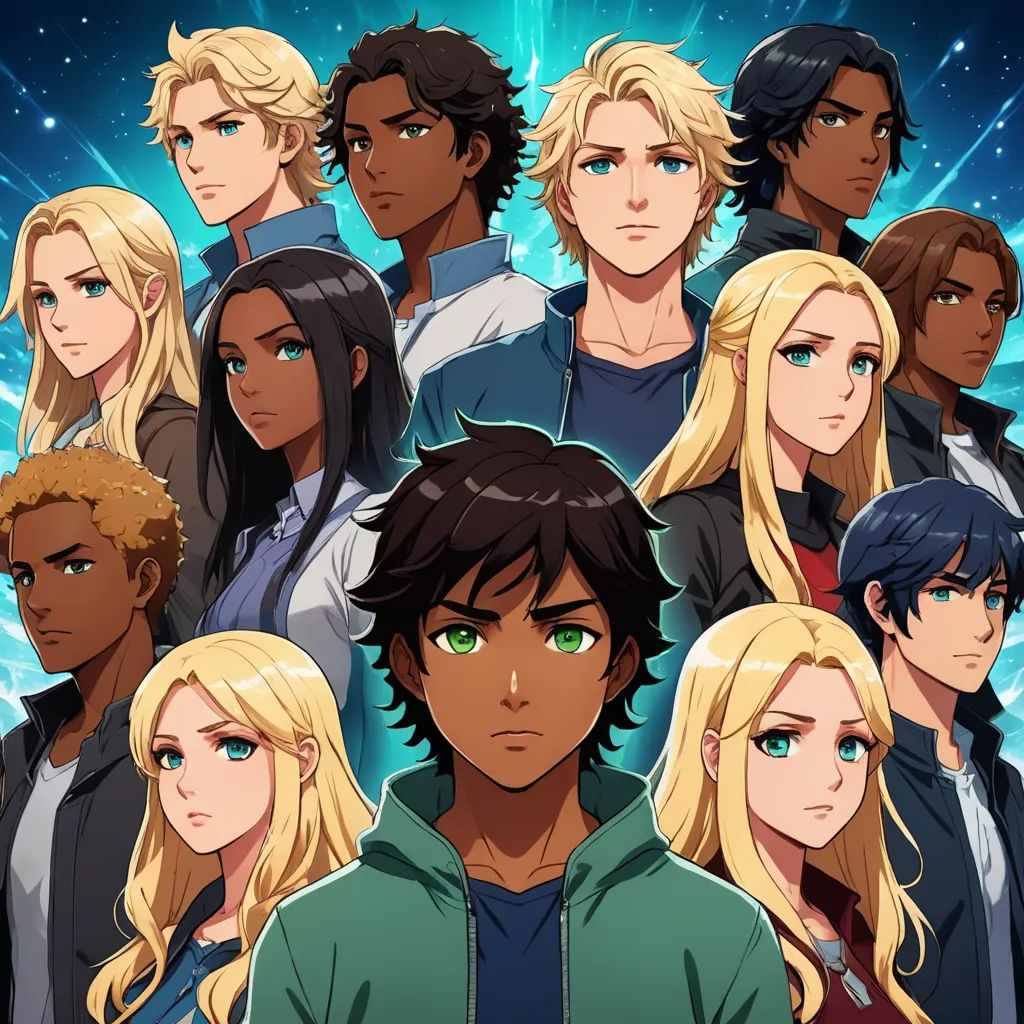 a group of people with blonde hair and green eyes, all looking at the camera, with a blue background, rayonism, a poster, Cedric Seaut (Keos Masons), key art