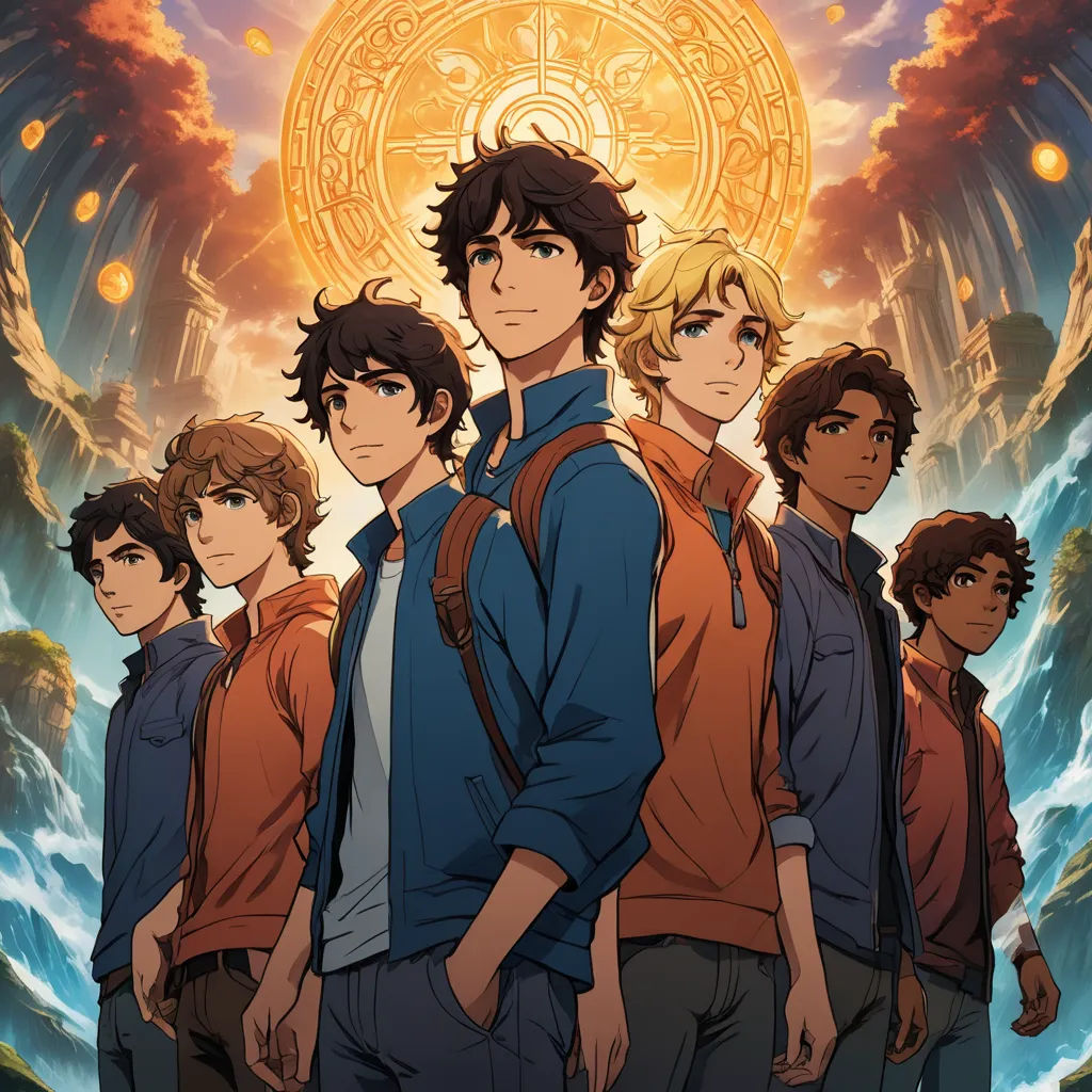 a group of young men standing next to each other in front of a golden sun over a mountain range, rayonism, a poster, Eden Box, anime key visual