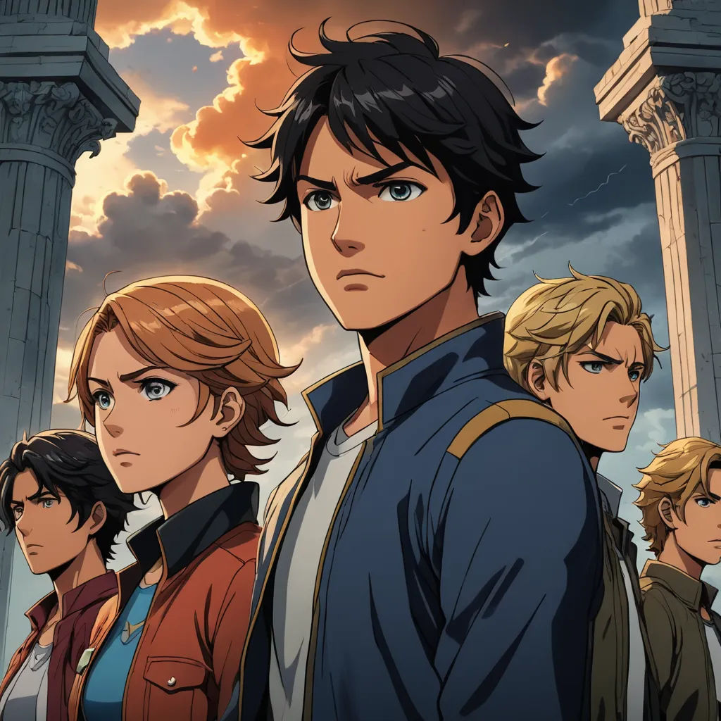 a group of people standing in front of a building with a sky background and clouds in the background, with the title of the anime, sots art, poster art, Cedric Seaut (Keos Masons), key art