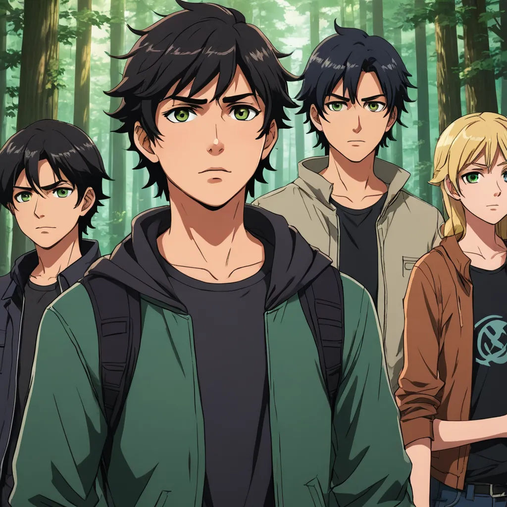 a group of young men standing in front of a forest with trees in the background and a green light, sots art, concept art, Cedric Seaut (Keos Masons), official art