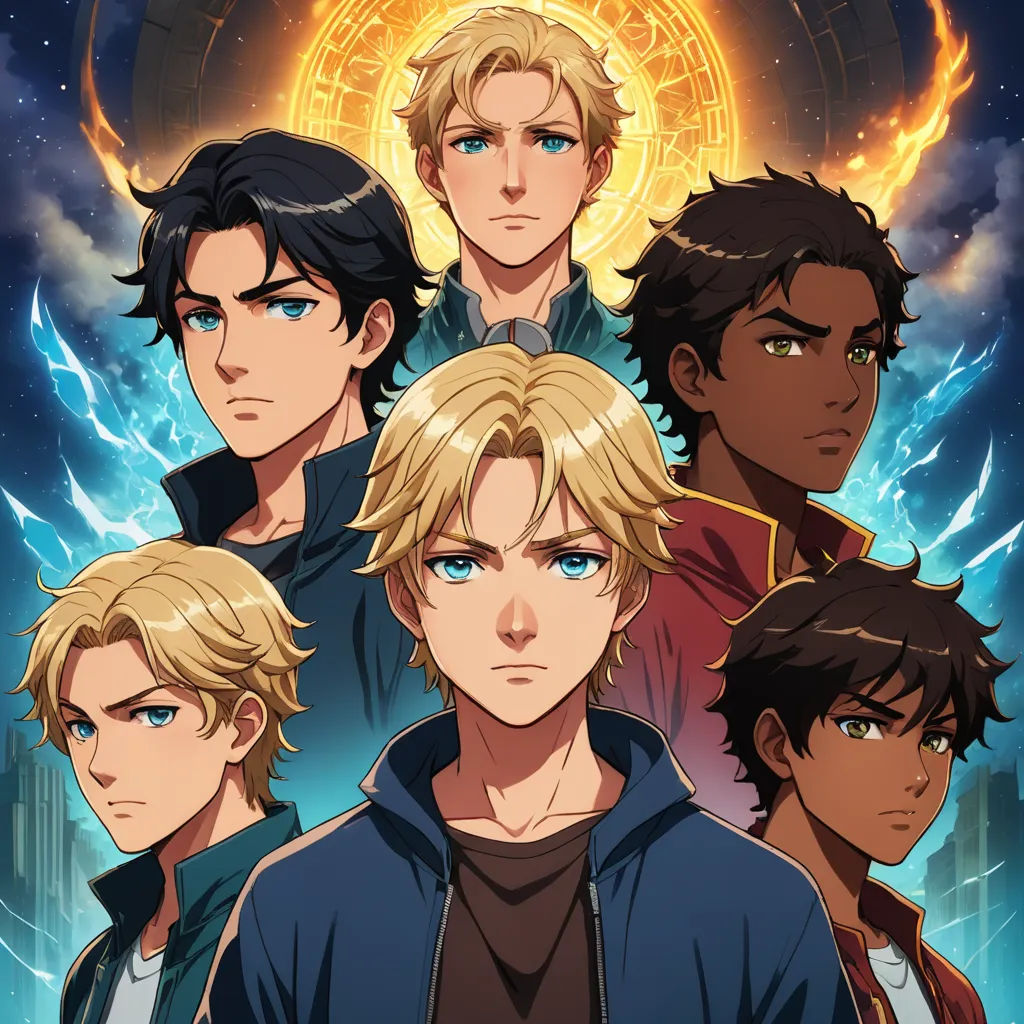 a group of young men standing next to each other in front of a bright sun and clouds above them, rayonism, a poster, Cedric Seaut (Keos Masons), key art